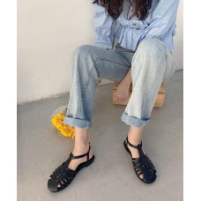 Black Flat Sandals Faux Leather Comfy Buckle Strap Water Sandals